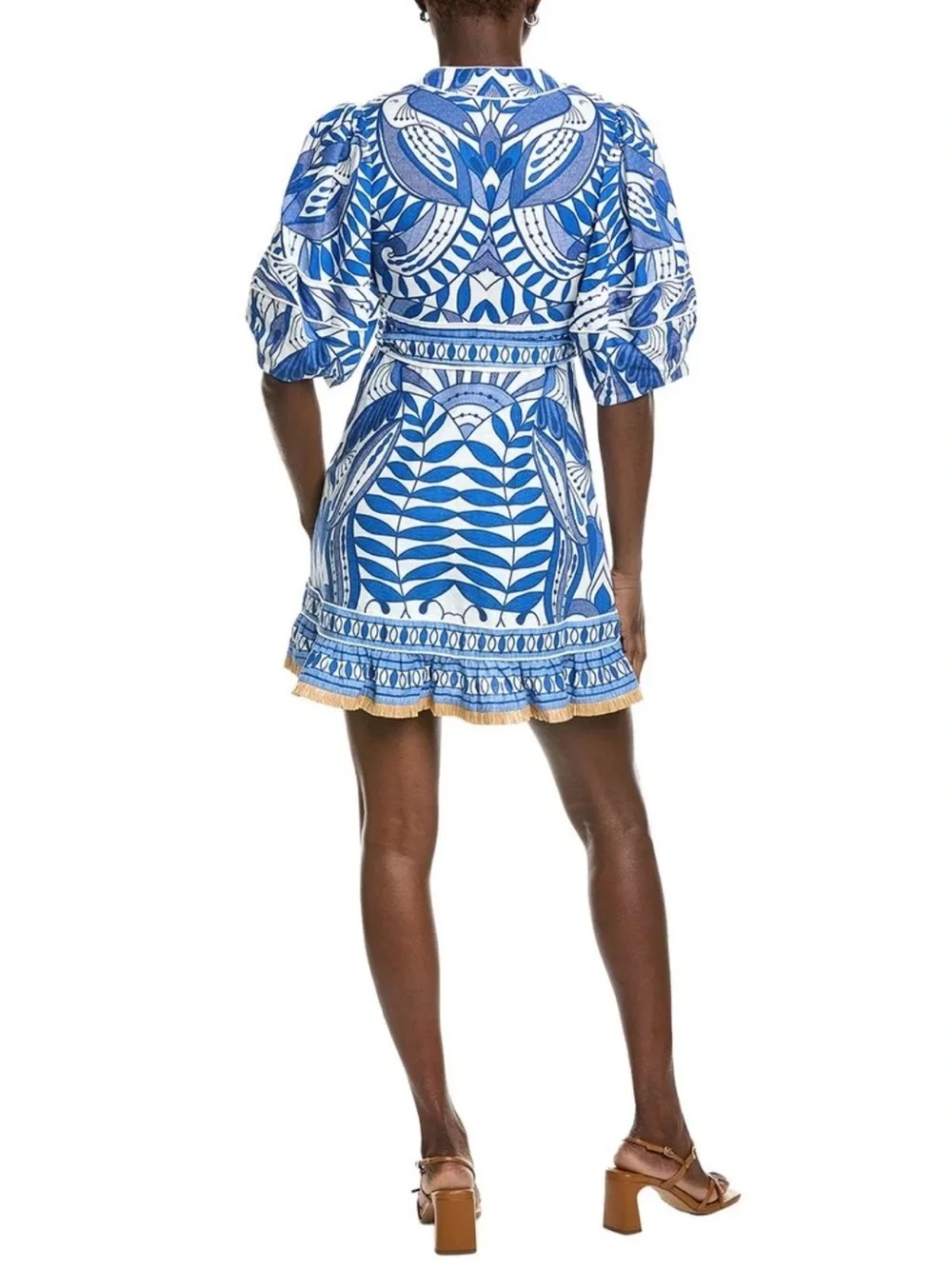 Farm Rio Linen Blend Lace Nature Puff-Sleeve V-Neck Belted Mini Dress - Picture 5 of 9